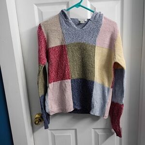 Christopher & Banks Multicolor Patchwork V-Neck Hooded Sweater